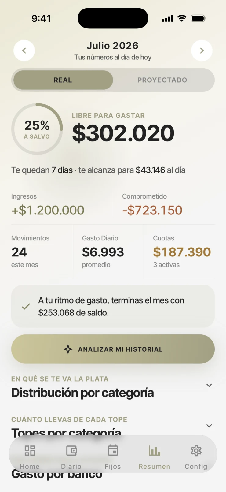 Pantalla de resumen del mes en la app maimoney