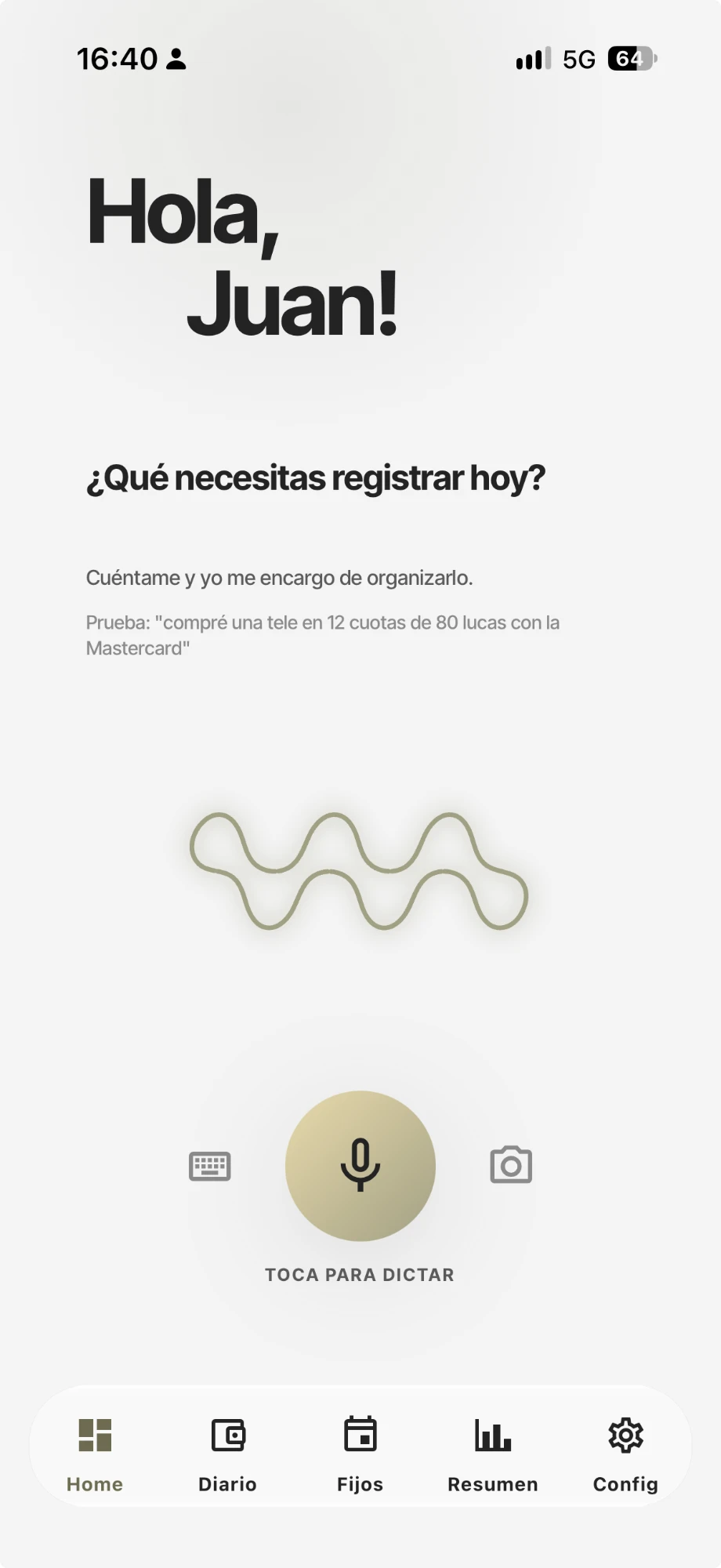 Pantalla de dictado de maimoney: ¿Qué necesitas registrar hoy?